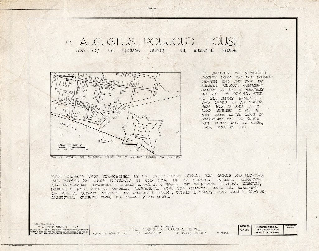 Blueprint HABS FLA,55-SAUG,4- (Sheet 1 of 4) - Augustus Poujoud House, 105-107 Saint George Street, Saint Augustine, St. Johns County, FL