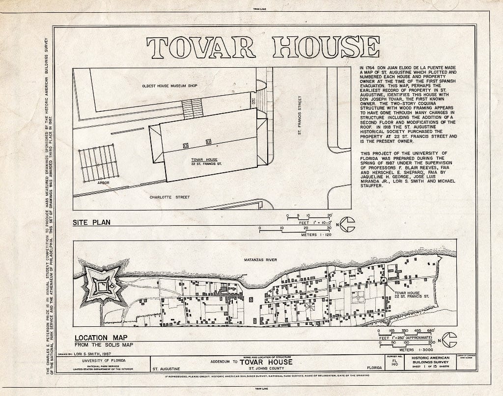 Blueprint HABS FLA,55-SAUG,36- (Sheet 1 of 15) - Don Joseph Tovar House, 22 Saint Francis Street, Saint Augustine, St. Johns County, FL