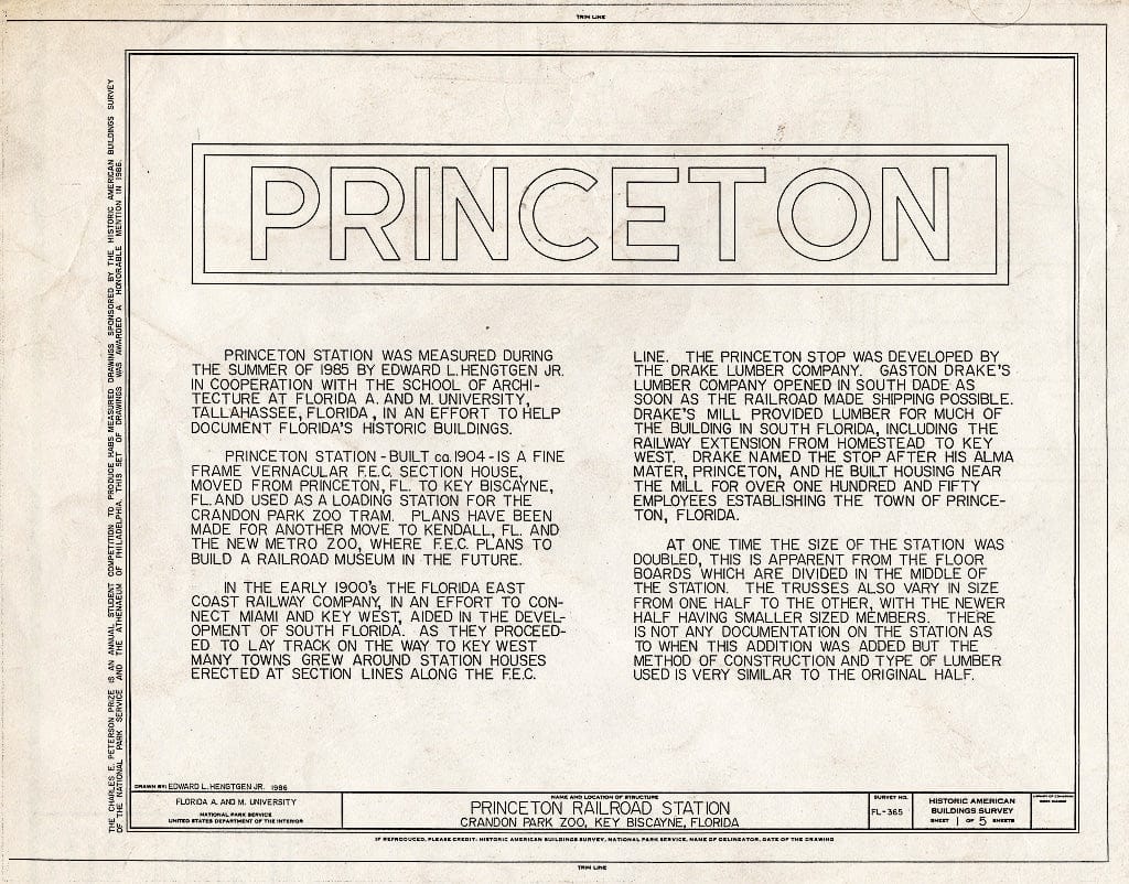 Blueprint HABS FLA,13-KYBI,1- (Sheet 1 of 5) - Princeton Railroad Station, Crandon Park Zoo, Key Biscayne, Miami-Dade County, FL
