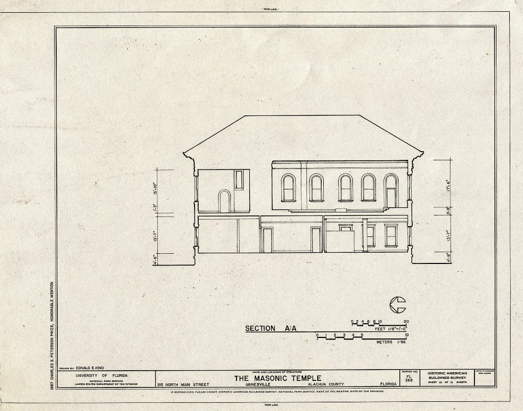 Blueprint HABS FLA,1-GAINV,5- (Sheet 10 of 16) - Masonic Temple, Lodge F. & A. M. No. 41, 215 North Main Street, Gainesville, Alachua County, FL