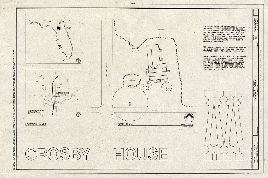 Blueprint HABS FLA,1-IGRO,1- (Sheet 1 of 8) - Crosby House, State Road 200-A, Island Grove, Alachua County, FL