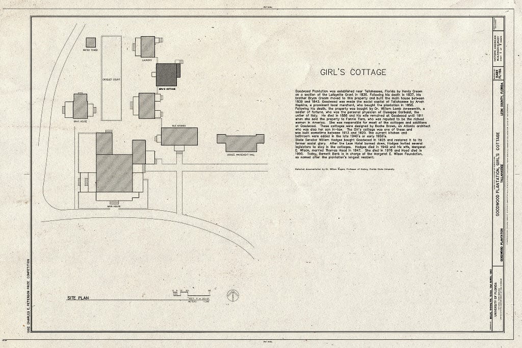Blueprint HABS FLA,37-TALA.V,1-A- (Sheet 1 of 7) - Goodwood Plantation, Girl's Cottage, Tallahassee, Leon County, FL