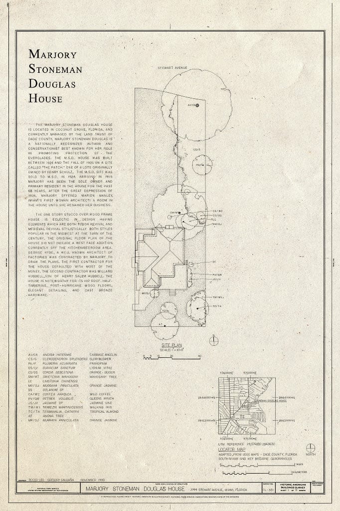 Blueprint HABS FLA,13-MIAM,34- (Sheet 1 of 8) - Marjory Stoneman Douglas House, 3744 Stewart Avenue, Miami, Miami-Dade County, FL