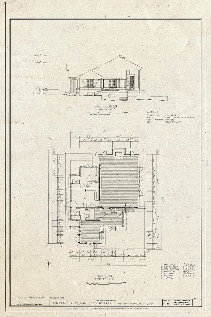 Blueprint HABS FLA,13-MIAM,34- (Sheet 2 of 8) - Marjory Stoneman Douglas House, 3744 Stewart Avenue, Miami, Miami-Dade County, FL