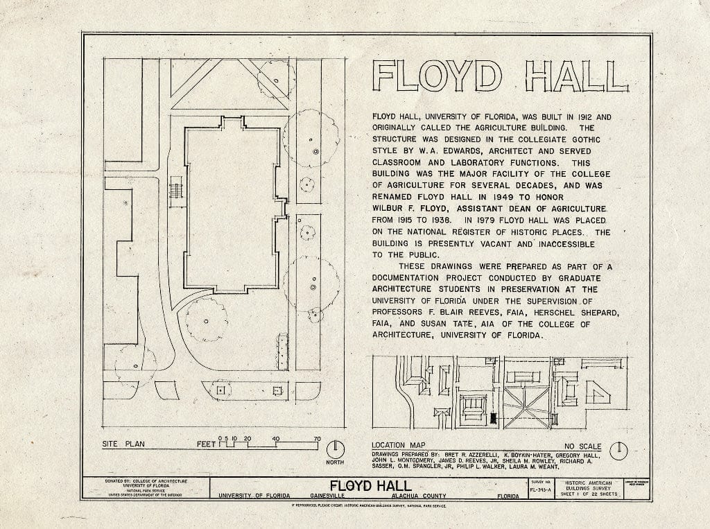 Blueprint HABS FL-393-A (Sheet 1 of 22) - University of Florida, Floyd Hall, Gainesville, Alachua County, FL
