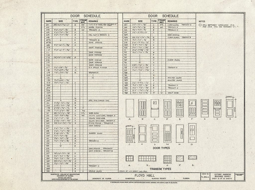 Blueprint HABS FL-393-A (Sheet 21 of 22) - University of Florida, Floyd Hall, Gainesville, Alachua County, FL