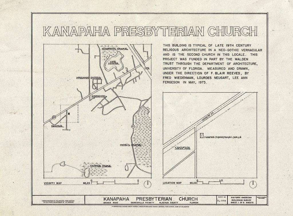 Blueprint HABS FL-394 (Sheet 1 of 5) - Kanapaha Presbyterian Church, Archer Road, Gainesville, Alachua County, FL