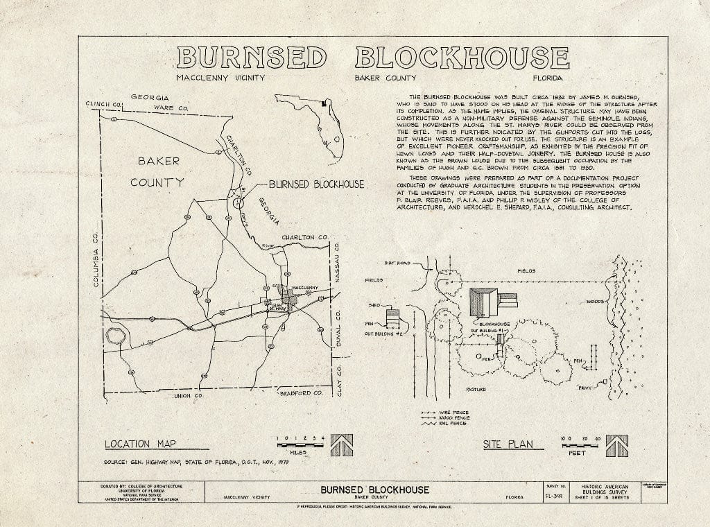 Blueprint HABS FL-399 (Sheet 1 of 15) - Burnsed Blockhouse, Near St. Mary's River, Macclenny, Baker County, FL