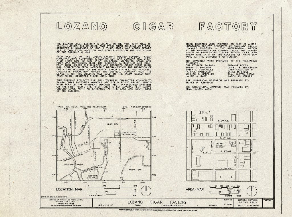 Blueprint HABS FL-400 (Sheet 1 of 22) - Lozano Cigar Factory, 1410 North Twenty-First Street, Tampa, Hillsborough County, FL