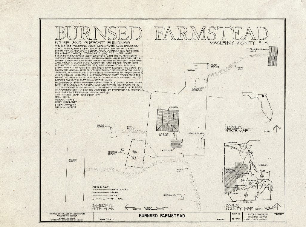 Blueprint HABS FL-444 (Sheet 1 of 12) - Burnsed Farmstead, Near Route 127 & St. Mary's River, Macclenny, Baker County, FL
