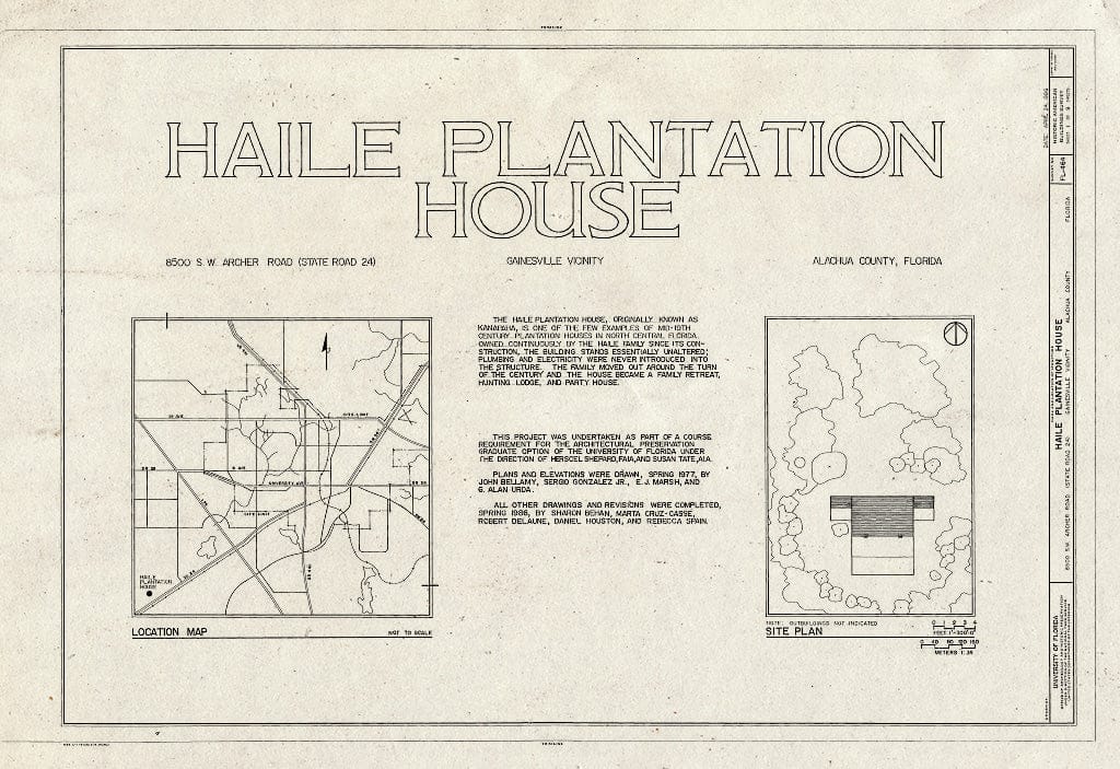 Blueprint HABS FL-464 (Sheet 1 of 9) - Haile Plantation House, 8500 Southwest Archer Road (State Route 24), Gainesville, Alachua County, FL
