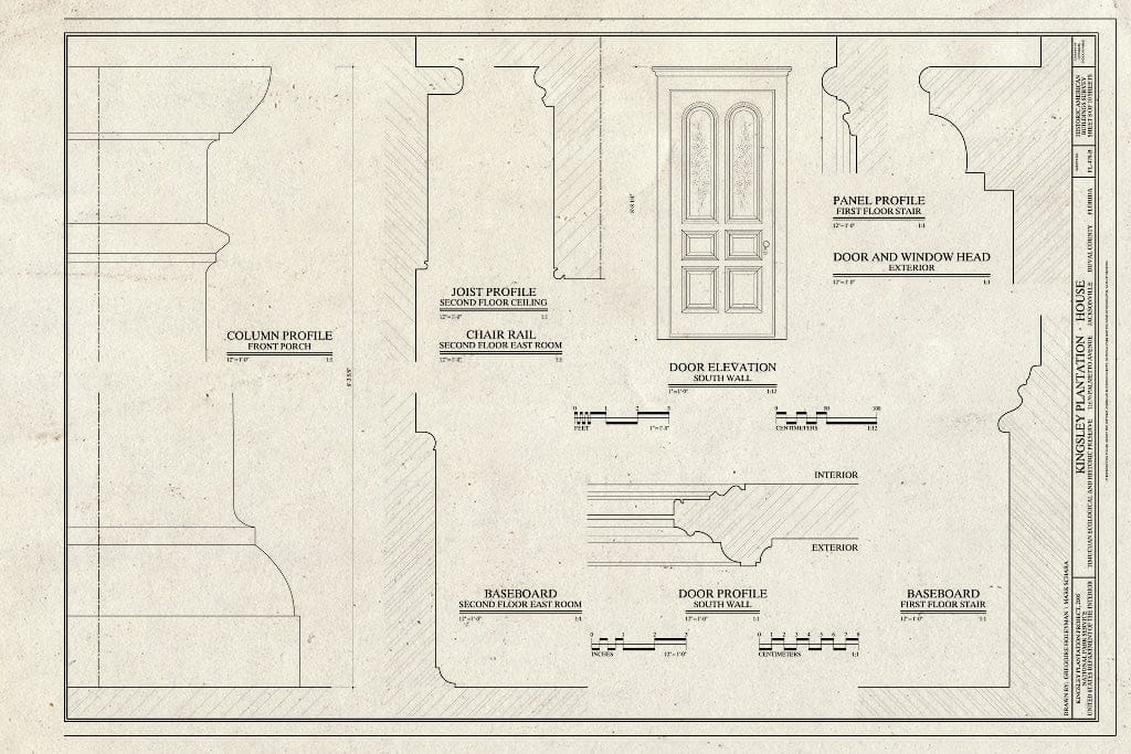 Blueprint Porch column profile, joist profile, chair rail & baseboard, door elevation & profile - Kingsley Plantation, House, 11676 Palmetto Avenue, Jacksonville, Duval County, FL