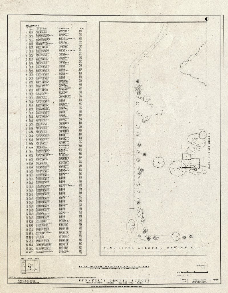 Blueprint Landscape Plan Showing Major Trees - Fennell's Orchid Jungle, 26715 Southwest 157 Avenue, Homestead, Miami-Dade County, FL