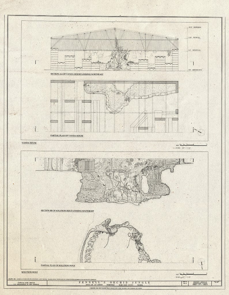Blueprint Plan & Section of Vanda House and Plan & Section of Solution Hole - Fennell's Orchid Jungle, 26715 Southwest 157 Avenue, Homestead, Miami-Dade County, FL