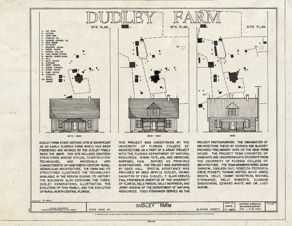 Blueprint Site Plan in 1870-1890, Site Plan in 1900-1920, Site Plan in 1992 - Dudley Farm, Farmhouse & Outbuildings, 18730 West Newberry Road, Newberry, Alachua County, FL