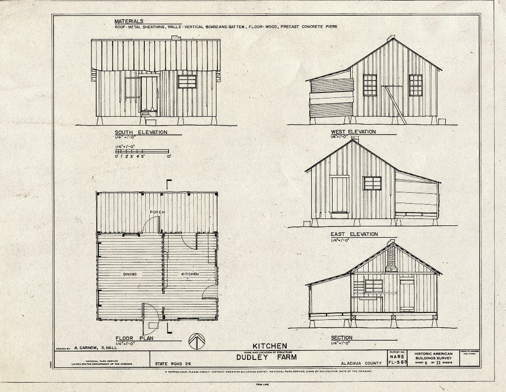 Blueprint Kitchen - Elevations, Floor Plan & Section - Dudley Farm, Farmhouse & Outbuildings, 18730 West Newberry Road, Newberry, Alachua County, FL