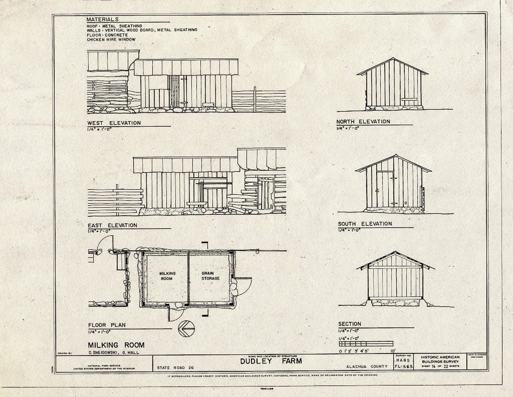 Blueprint Milking Room - Elevations, Floor Plan & Section - Dudley Farm, Farmhouse & Outbuildings, 18730 West Newberry Road, Newberry, Alachua County, FL