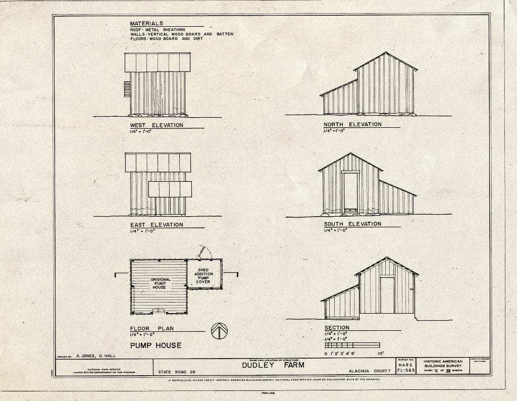 Blueprint Pump House - Elevations, Floor Plan & Section - Dudley Farm, Farmhouse & Outbuildings, 18730 West Newberry Road, Newberry, Alachua County, FL