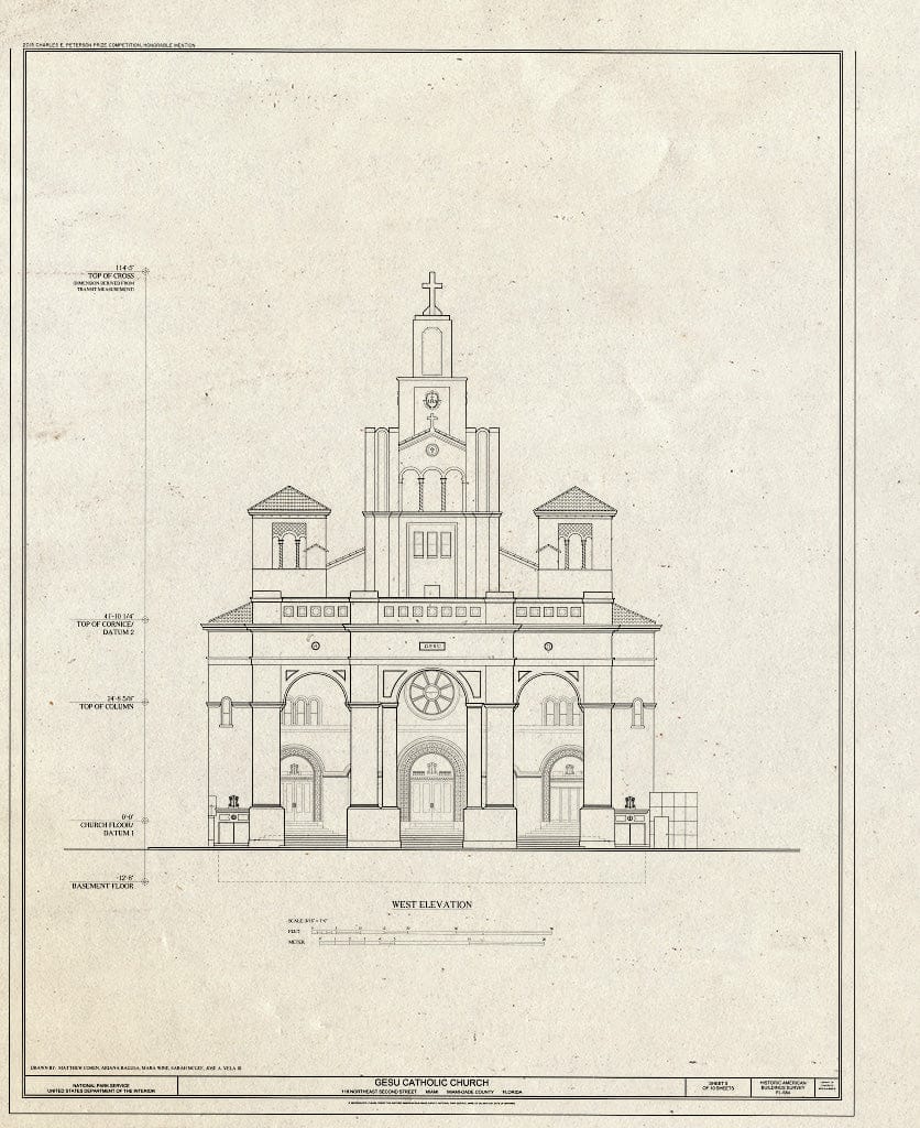 Blueprint West Elevation - Gesu Catholic Church, 118 Northeast Second Street, Miami, Miami-Dade County, FL