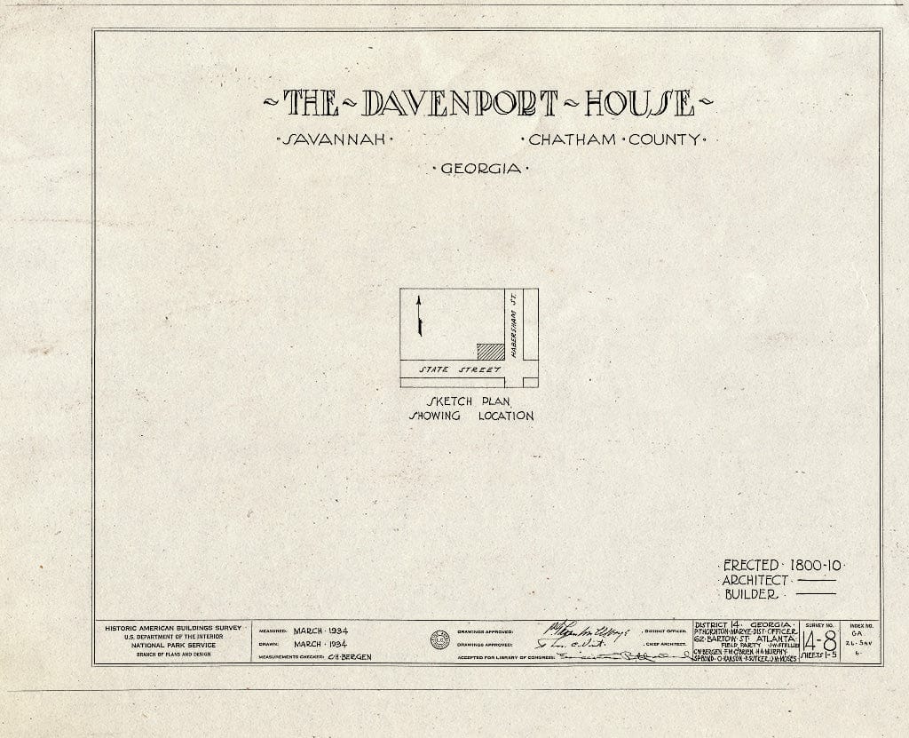 Blueprint HABS GA,26-SAV,6- (Sheet 0 of 5) - Isaiah Davenport House, 324 East State Street, Savannah, Chatham County, GA