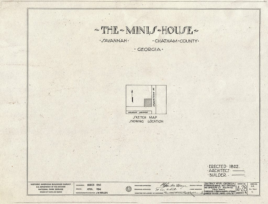 Blueprint HABS GA,26-SAV,9- (Sheet 0 of 4) - Minis House, 204 Hull Street, Savannah, Chatham County, GA