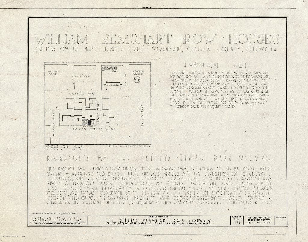 Blueprint HABS GA,26-SAV,78- (Sheet 1 of 8) - William Remshart Row Houses, 104, 106, 108, 110 West Jones Street, Savannah, Chatham County, GA
