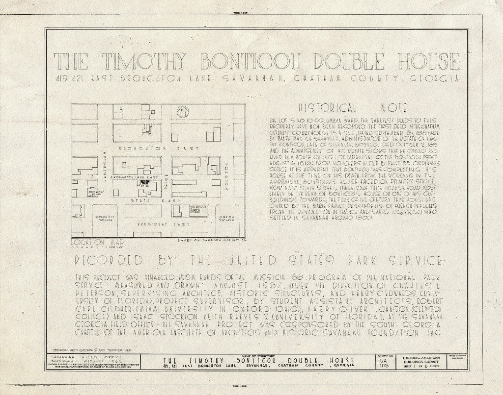 Blueprint HABS GA,26-SAV,66- (Sheet 1 of 6) - Timothy Bonticou Double House, 419-421 East Broughton Lane (Moved to 418-420 State Street), Savannah, Chatham County, GA