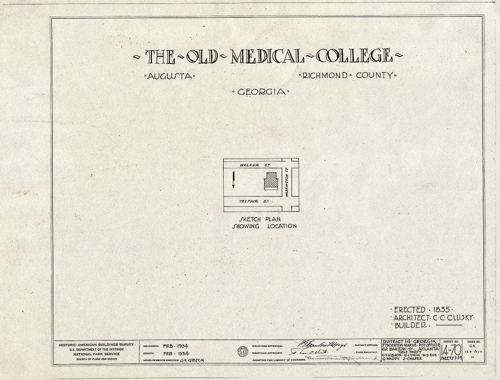 Blueprint HABS GA,123-AUG,11- (Sheet 0 of 14) - Old Medical College, 598 Telfair Street, Augusta, Richmond County, GA