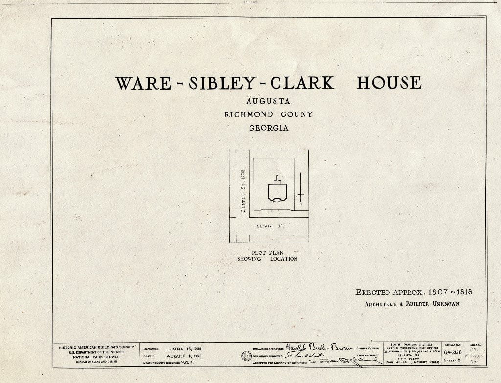 Blueprint HABS GA,123-AUG,36- (Sheet 0 of 8) - Ware-Sibley-Clark House, 506 Telfair Street, Augusta, Richmond County, GA