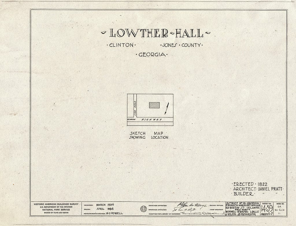 Blueprint HABS GA,85-CLIN,1- (Sheet 0 of 7) - Lowther Hall, Clinton, Jones County, GA