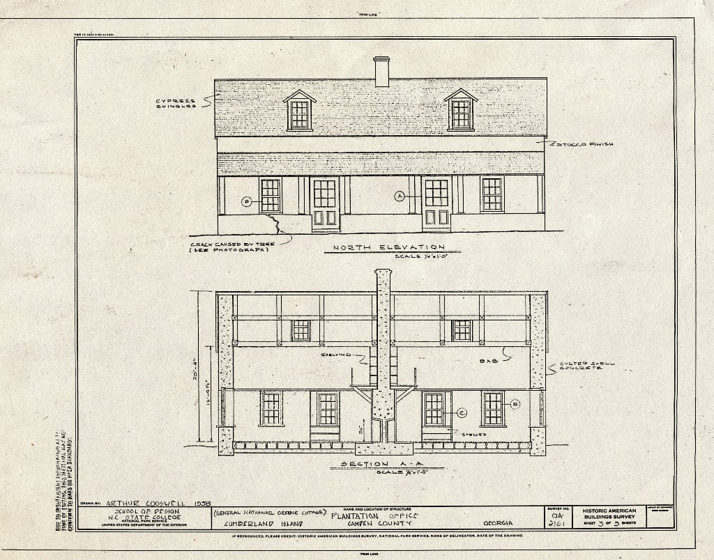 Blueprint HABS GA,20-CUMBI,2- (Sheet 3 of 3) - General Nathaneal Greene Cottage, Cumberland Island, Saint Marys, Camden County, GA