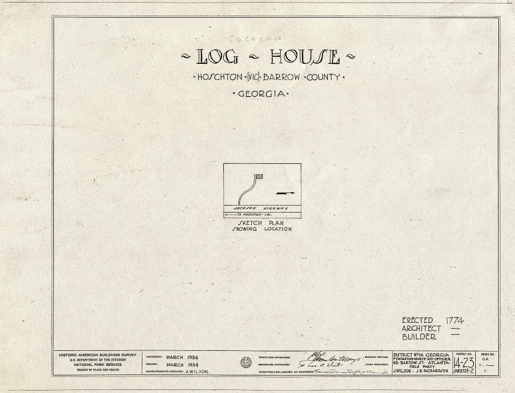 Blueprint HABS GA,7-,1- (Sheet 0 of 2) - Cochran Log House, Hoschton, Jackson County, GA