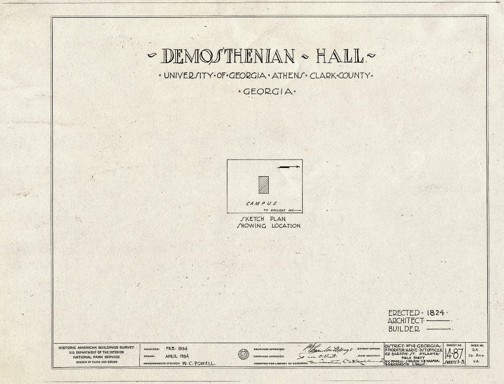 Blueprint HABS GA,30-ATH,4A- (Sheet 0 of 5) - University of Georgia, Demosthenian Hall, Athens, Clarke County, GA