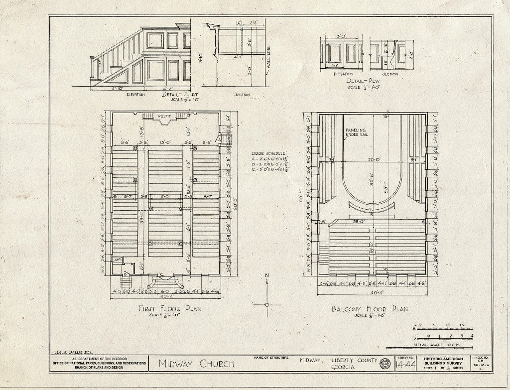 Blueprint HABS GA,90-MID,1- (Sheet 1 of 2) - Midway Congregational Church, Midway, Liberty County, GA