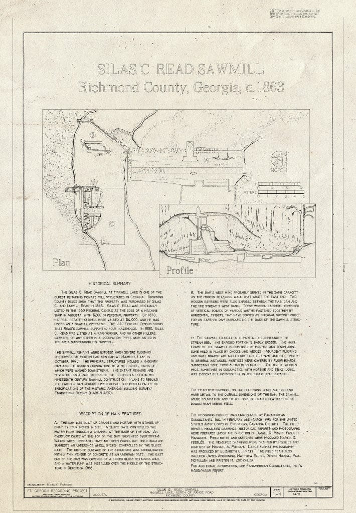 Blueprint Plan & Profile - Silas C. Read Sawmill, Outlet of Maxwell Lake Near North Range Road, Fort Gordon, Richmond County, GA