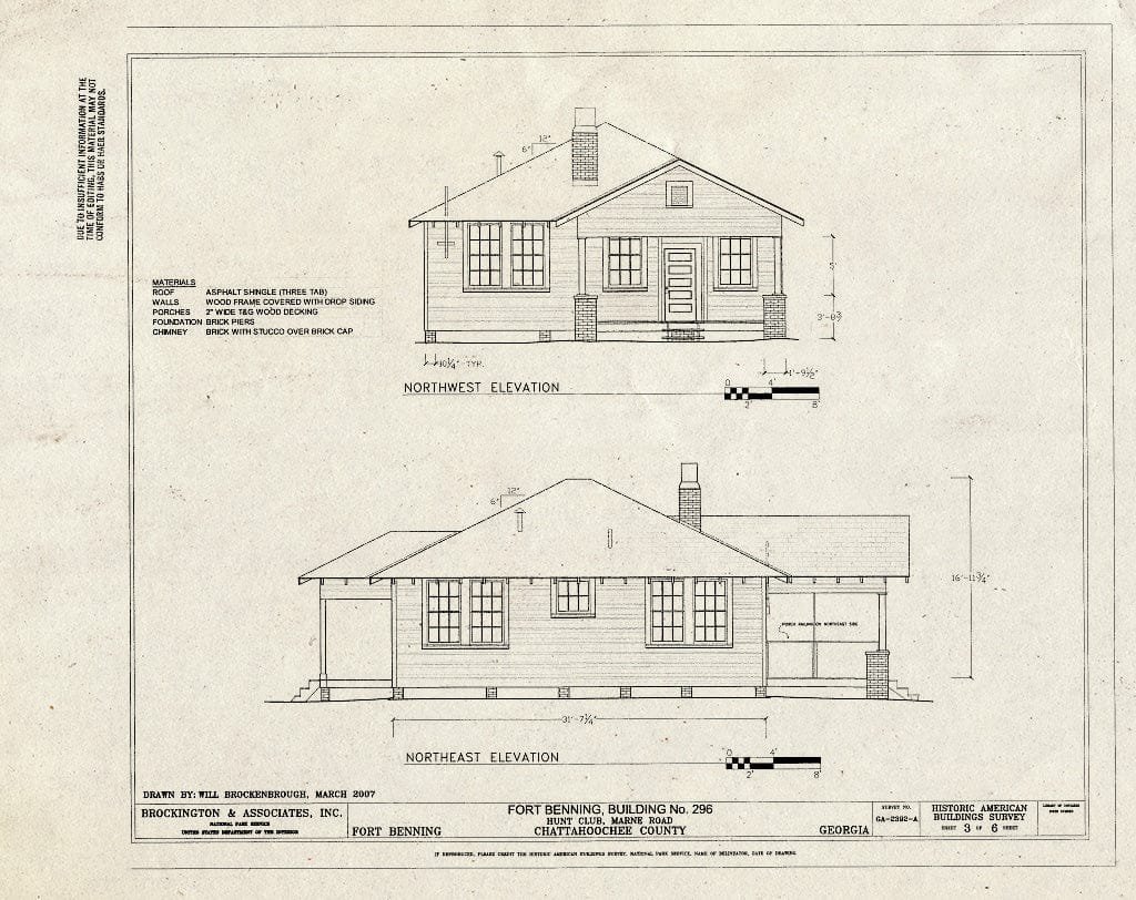 Blueprint Northwest & Northeast Elevations - Fort Benning, Building No. 296, Hunt Club, Marne Road, Fort Benning Military Reservation, Chattahoochee County, GA