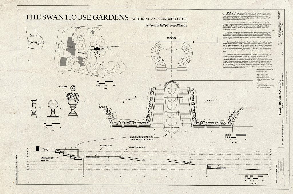 Blueprint Location Plan, Garden Plan, site Section, Details. - Swan House Gardens, 3099 Andrews Drive, Northwest, Atlanta, Fulton County, GA