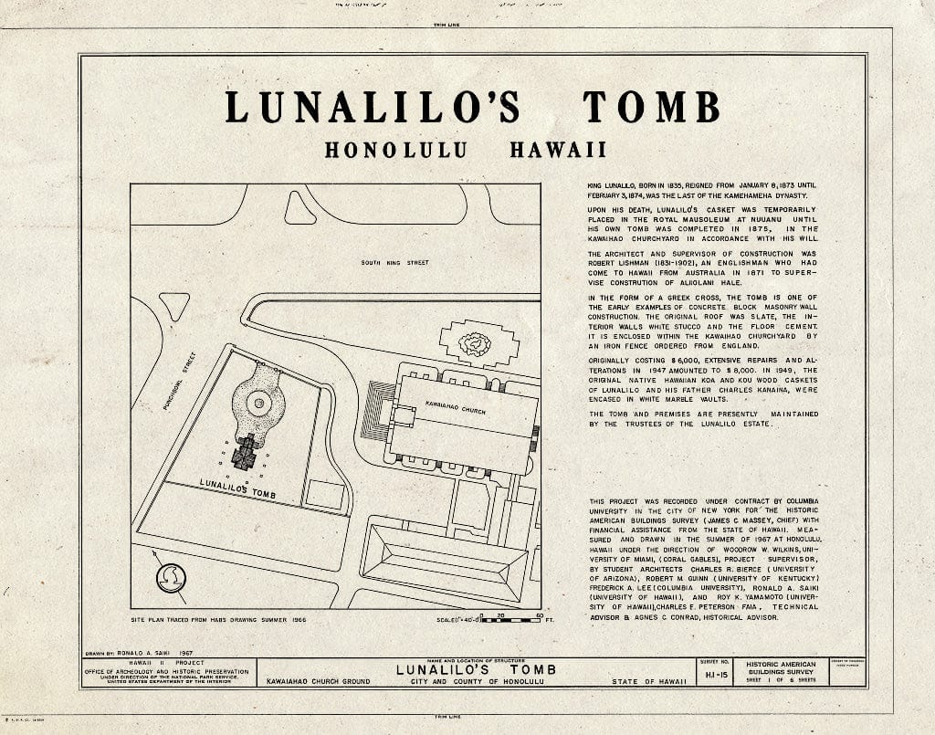Blueprint HABS HI,2-Honlu,16- (Sheet 1 of 6) - Lunalilo's Tomb, Punchbowl & King Streets (Kawaiahao Churchyard), Honolulu, Honolulu County, HI