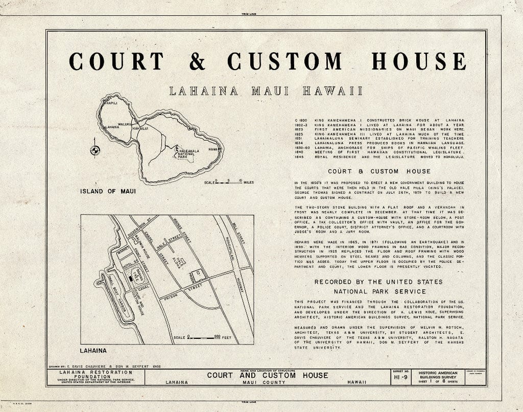 Blueprint HABS HI,5-LAHA,6- (Sheet 1 of 8) - Old Maui Courthouse, Wharf & Canal Streets, Lahaina, Maui County, HI