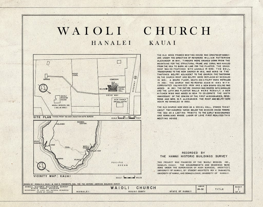 Blueprint HABS HI,4-HANLI,3- (Sheet 1 of 4) - Waioli Church, Island of Kauai, Hanalei, Kauai County, HI
