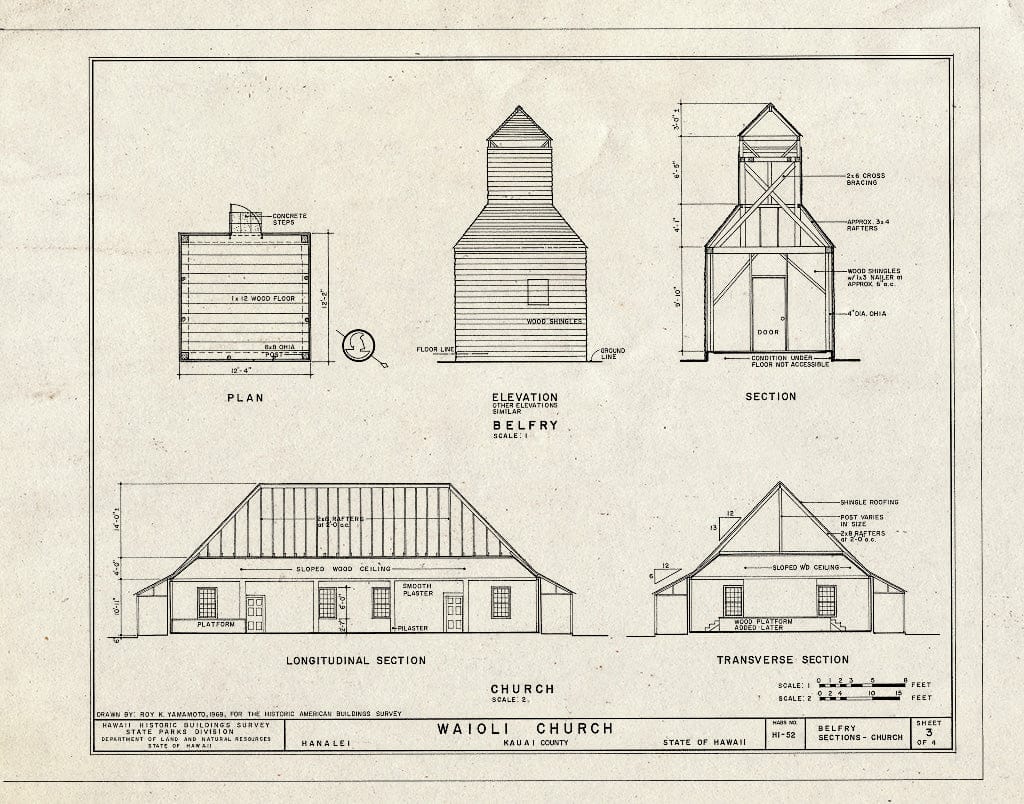 Blueprint HABS HI,4-HANLI,3- (Sheet 3 of 4) - Waioli Church, Island of Kauai, Hanalei, Kauai County, HI