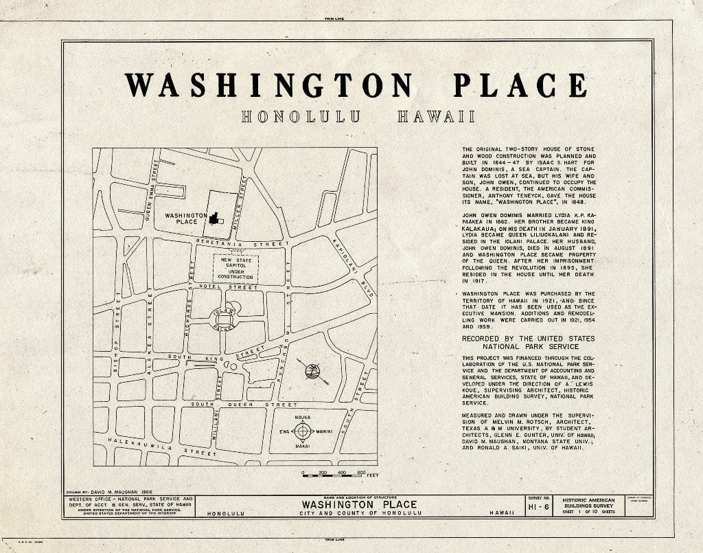 Blueprint HABS HI,2-Honlu,28- (Sheet 1 of 10) - Washington Place, 320 South Beretania Street, Honolulu, Honolulu County, HI