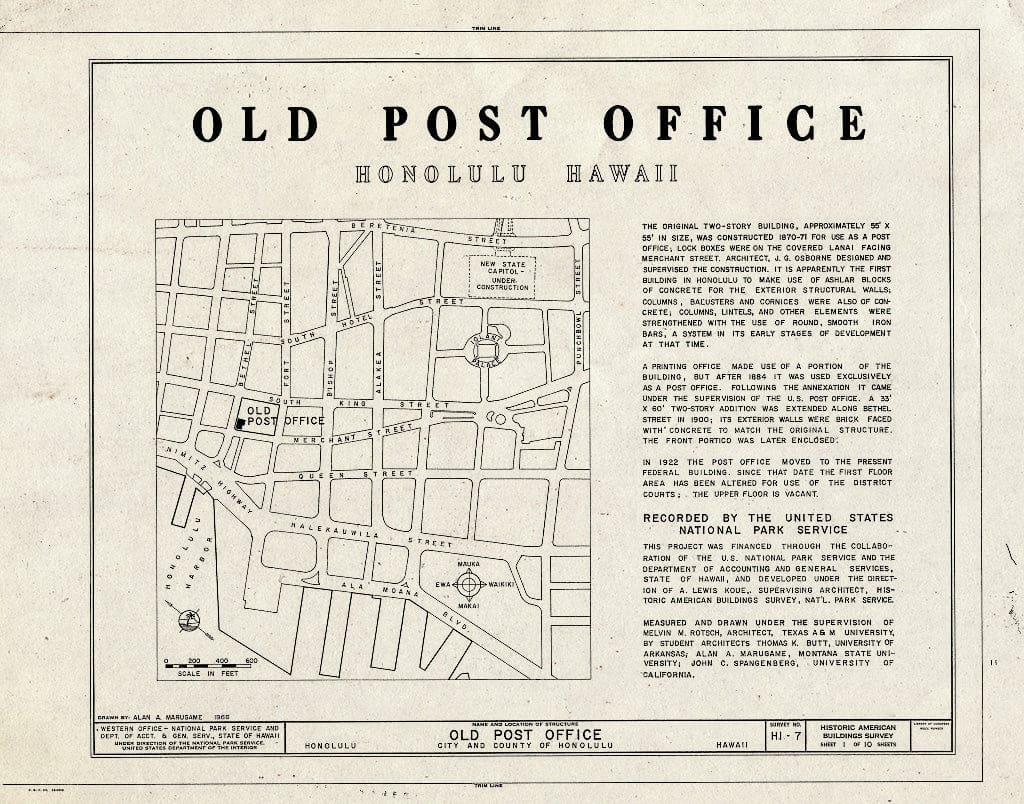 Blueprint HABS HI,2-Honlu,22- (Sheet 1 of 10) - Old Post Office, Merchant & Bethel Streets, Honolulu, Honolulu County, HI