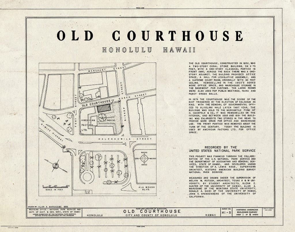Blueprint HABS HI,2-Honlu,7- (Sheet 1 of 8) - Old Courthouse, Queen Street Between Fort & Bishop Streets, Honolulu, Honolulu County, HI
