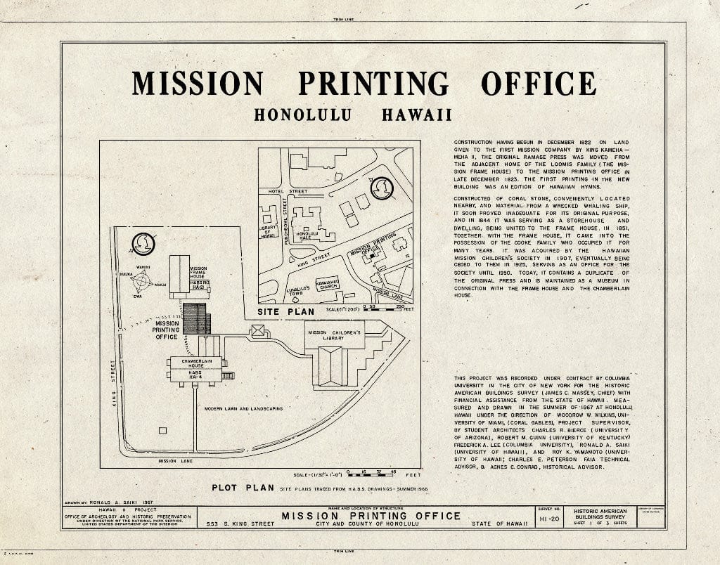 Blueprint HABS HI,2-Honlu,20- (Sheet 1 of 3) - Mission Printing Office, King & Kawaiahao Streets, Honolulu, Honolulu County, HI