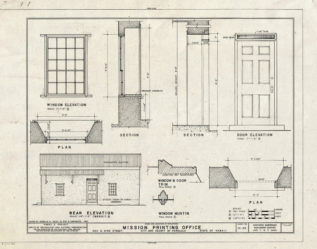 Blueprint HABS HI,2-Honlu,20- (Sheet 3 of 3) - Mission Printing Office, King & Kawaiahao Streets, Honolulu, Honolulu County, HI