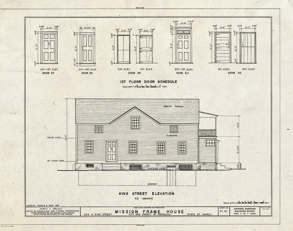 Blueprint HABS HI,2-Honlu,19- (Sheet 5 of 7) - Mission Frame House, King & Kawaiahao Streets, Honolulu, Honolulu County, HI
