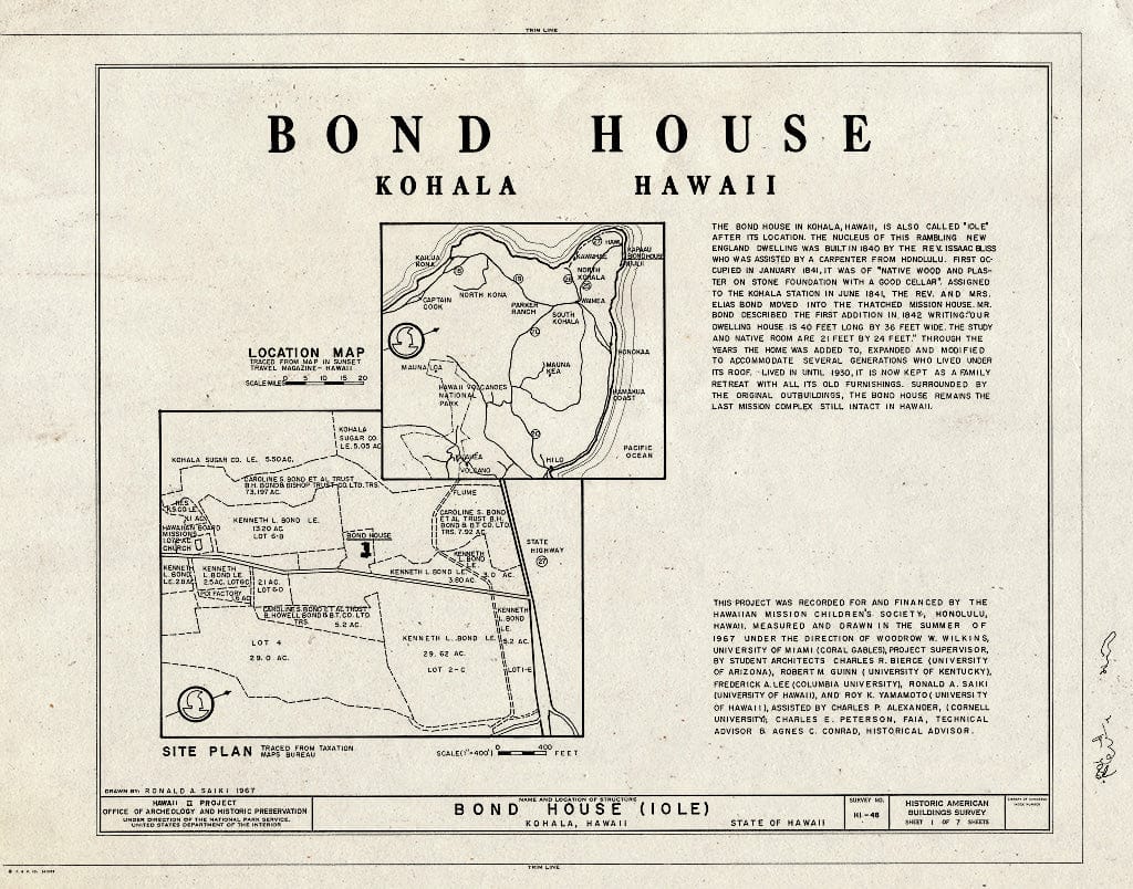 Blueprint HABS HI,1-KOHAL,1- (Sheet 1 of 7) - Bond House, State Route 27 Vicinity, Halaula, Hawaii County, HI