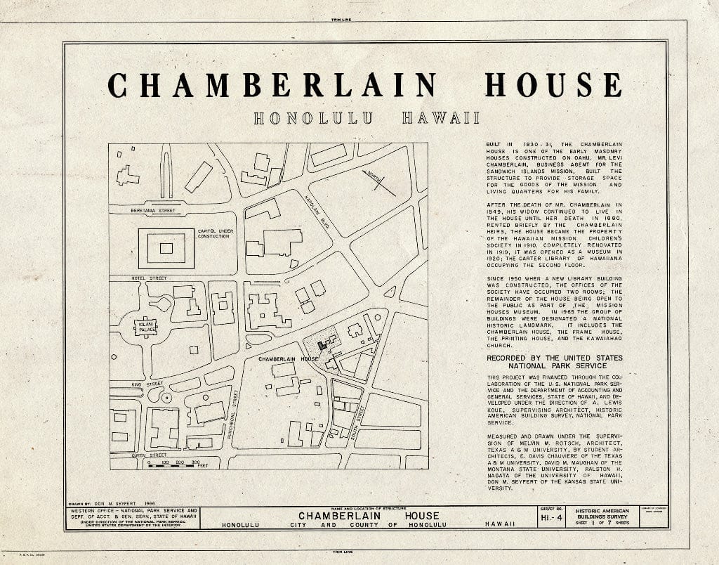 Blueprint HABS HI,2-Honlu,6- (Sheet 1 of 7) - Chamberlain House, King & Kawaiahao Streets, Honolulu, Honolulu County, HI