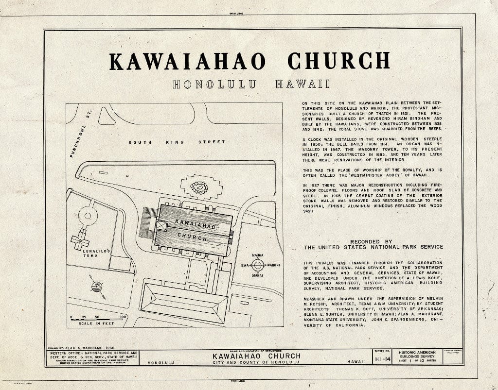 Blueprint HABS HI,2-Honlu,13- (Sheet 1 of 10) - Kawaiahao Church, Punchbowl & King Streets, Honolulu, Honolulu County, HI